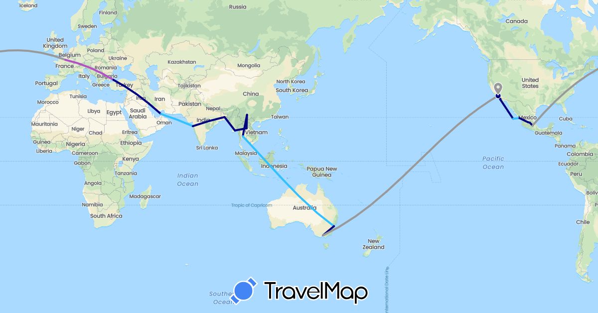 TravelMap itinerary: driving, plane, train, boat in United Arab Emirates, Australia, Bangladesh, China, France, India, Laos, Myanmar (Burma), Mexico, Thailand, Turkey, United States (Asia, Europe, North America, Oceania)
